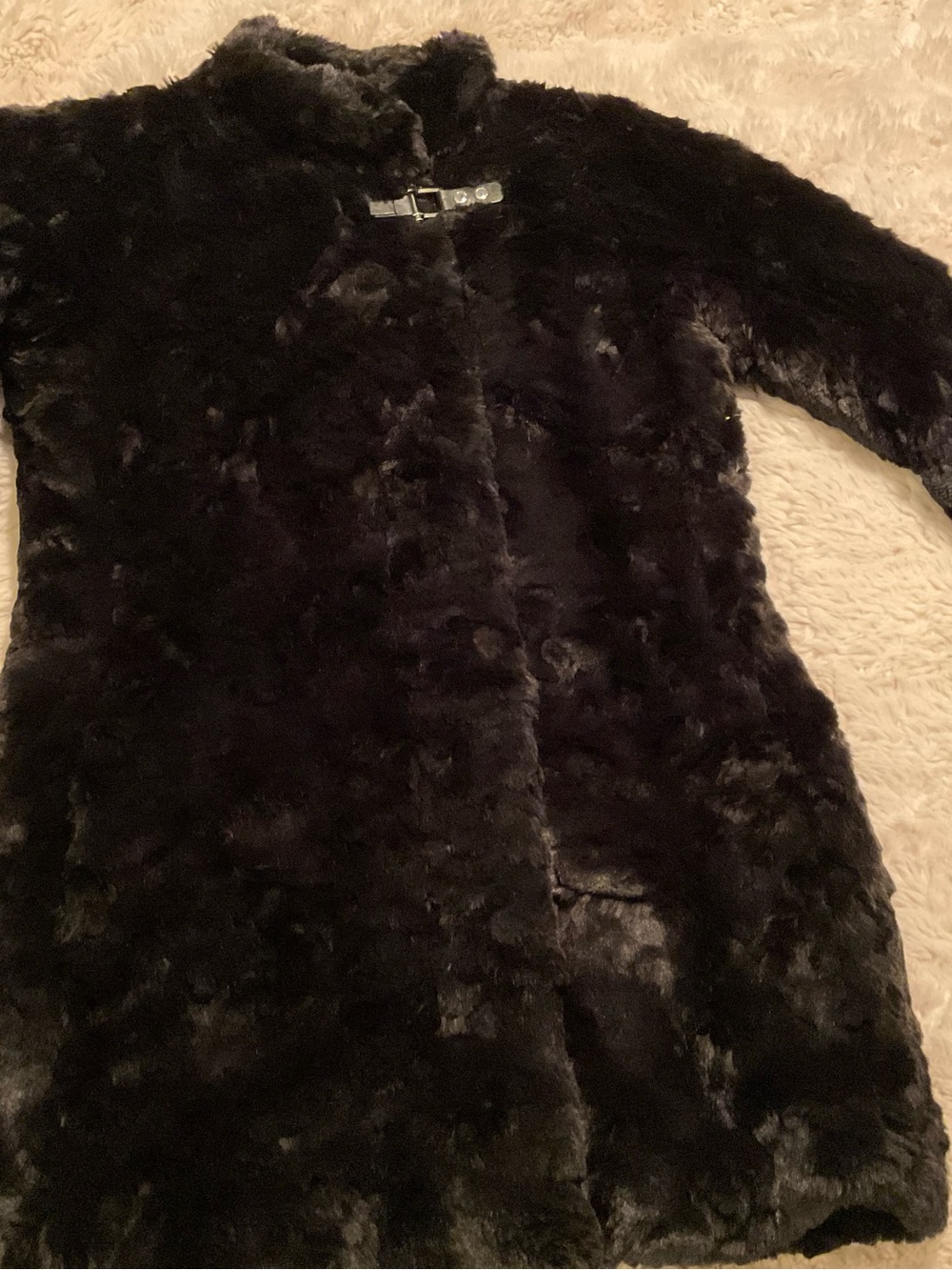 Calvin Klein Black Faux Fur Coat with Buckle Detail